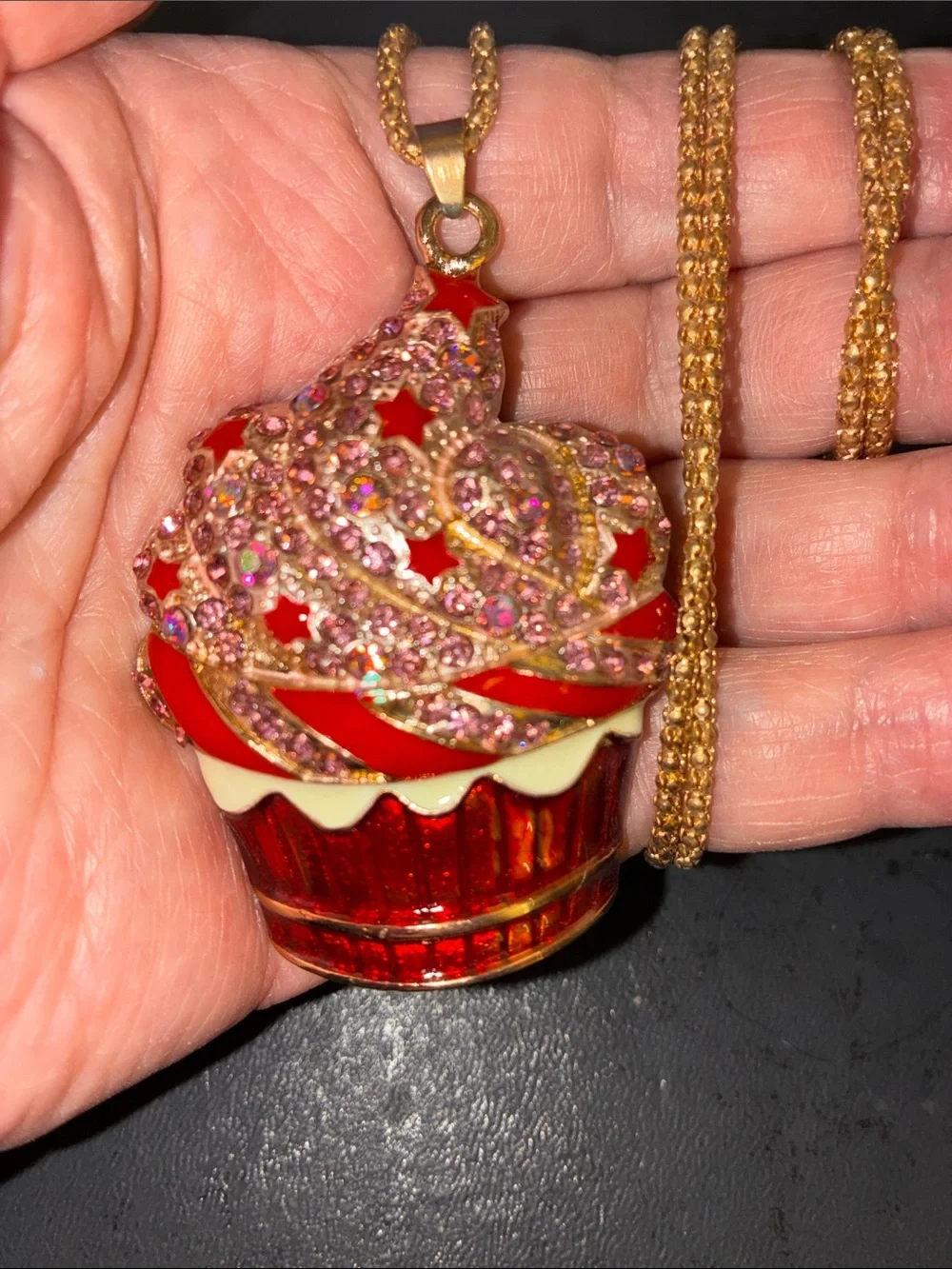 Red Cupcake Pendant Necklace with Pink Crystal Frosting